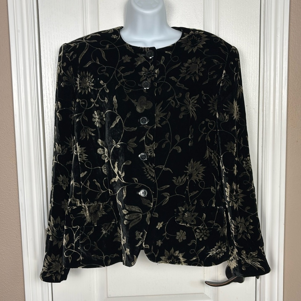 Jones New York Women's Blk Velvet Flower Velour Button Up Going Out Blazer Sz 16